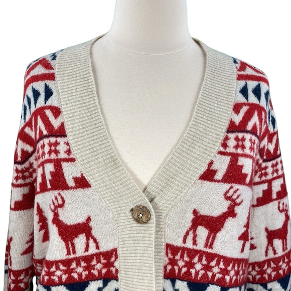 Christmas Beige and Red Fuzzy Fair Isle Knit Cardigan - Picture 2 of 15